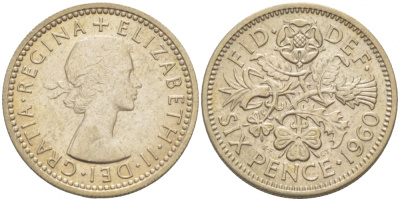 Великобритания 6 пенсов 1960 Елизавета II (1952-2022) KM 903, Spink 4149 медно-никель 214-719