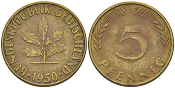 ФРГ 5 пфеннигов 1950 G KM 107, J. 382 сталь плакированная латунью 55-1251