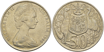 Австралия 50 центов 1966 Елизавета II (1952-2022), герб Австралии, кенгуру KM 67 серебро 82-832