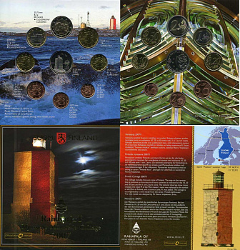 Финляндия евронабор из 8 монет + жетон 2007 маяки Скандинавии, UTO (1753-2007), официальный набор в оригинальном буклете KM MS 83   UNC 6-5-1-05