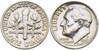 США 10 ЦЕНТОВ = 1 ДАЙМ 1985 P, РУЗВЕЛЬТ KM 195а медь плакированная медно-никелем 4547-951