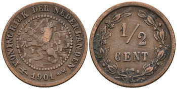 Нидерланды 1/2 цента 1901 Вильгельмина (1890-1948) KM 109 бронза 4576-319
