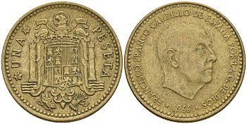 Испания 1 песета 1966 (74) Франсиско Франко (1939-1975) KM 796 алюминиевая бронза 4604-113