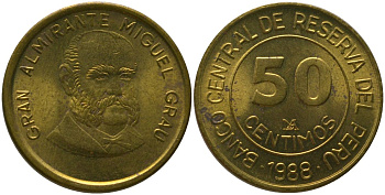 Перу 50 сентимо 1988 KM 295, Schon 96 латунь aUNC 4541-416