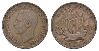 Великобритания 1/2 пенни 1951 Георг VI (1936-1952) KM 868, Spink 4118 бронза    4660-631