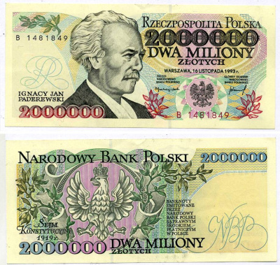 Польша 2000000 злотых 1993 серия В, Игнаций Ян Падеревский Pick 163a  бумага аUNC 7218-18-3-2