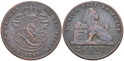 БЕЛЬГИЯ 2 САНТИМА 1846 BELGES KM 4.2 медь 110-534
