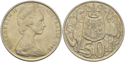 Австралия 50 центов 1966 Елизавета II (1952-2022), герб Австралии, кенгуру KM 67 серебро 82-832