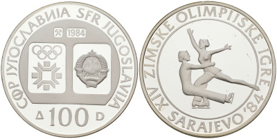 Югославия 100 динаров 1984 Зимние Олимпийские игры 1984 года в Сараево, парное фигурное катание KM 106 серебро PROOF 00-00