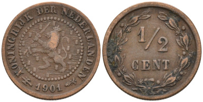 Нидерланды 1/2 цента 1901 Вильгельмина (1890-1948) KM 109 бронза 4576-319