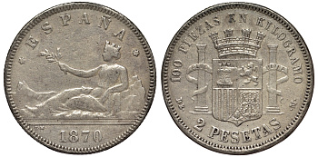 Испания 2 песеты 1870 (73) DE-M KM 654 серебро серебро 4566-642