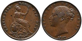 Великобритания 1 фартинг 1847 Виктория (1837-1901) KM 725, Spink 3950 медь  1518-1032