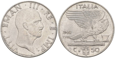 ИТАЛИЯ 50 ЧЕНТЕЗИМО 1940 R, ГОД XVIII, ВИКТОР ЭММАНУИЛ III (1900-1946), МАГНИТНАЯ, ГУРТ РИФЛЁНЫЙ KM 76b, VEM3. 1061 нержавеющая сталь 3853-312