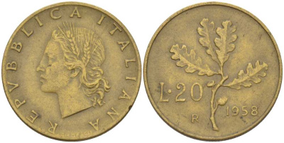 ИТАЛИЯ 20 ЛИР 1958 R, ДУБОВАЯ ВЕТВЬ KM 97.1 алюминиевая бронза 4390-1046