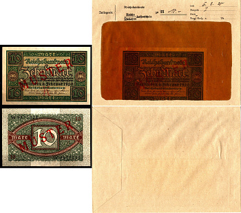 Германия 10 марок 1920 6 февраля, MUSTER, образец, Specimen. В оригинальном банковском конверте. Из коллекции Отто Сейфферта (помощник Ялмара Шахта - министра экономики Германии и президента Рейхсбанка времен третьего рейха) Pick 67 s, Grabowski DEU 73 a 
