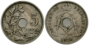 Бельгия 5 сантимов 1928 Belgique KM 66 медно-никель 4173-565