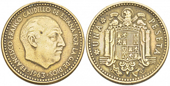 ИСПАНИЯ 1 ПЕСЕТА 1963 (66) ФРАНСИСКО ФРАНКО ДИКТАТОР ИСПАНИИ (1939-1975) KM 775 алюминиевая бронза 87-1437