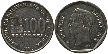 Венесуэла 100 боливаров 2002 KM 83, Schon 95 сталь плакированная никелем 4529-434