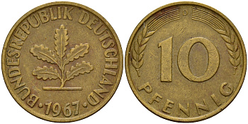 ФРГ 10 пфеннигов 1967 D J. 383, KM 108 сталь плакированная латунью    4603-331