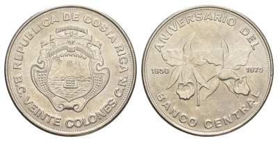 Коста-Рика 20 колонов 1975 25 лет Центральному Банку KM 205 никель UNC 118-631