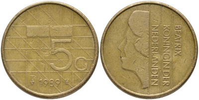 Нидерланды 5 гульденов 1989 Беатрикс (1980-2013) KM 210 никель плакированный бронзой 109-943