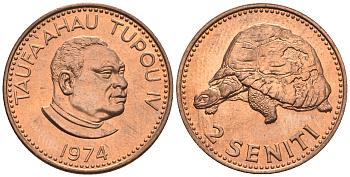 Тонга 2 сенити 1974 король Тауфа’ахау Тупоу IV (1967-2006), черепаха KM 28 бронза  UNC  220-1159
