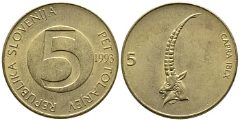 Словения 5 толаров 1993 ибекс, альпийский горный козел KM 6 латунь 4610-743