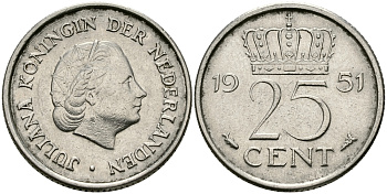 Нидерланды 25 центов 1951 Юлиана (1949-1980) KM 183 никель 96-126