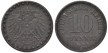 Германия 10 пфеннигов 1921 A KM 20, J. 298 железо 4119-247