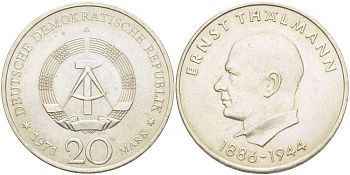 ГДР 20 марок 1971 A, 85 лет со дня рождения Эрнста Тельмана KM 34, J. 1535 медно-никель 4521-431