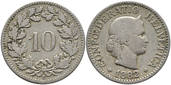 Швейцария 10 раппенов 1882 KM 27 медно-никель 4392-1254
