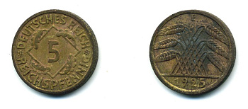 ГЕРМАНИЯ 5 РЕЙХСПФЕННИГОВ 1925 E, KM 39, J. 316 алюминиевая бронза 54-432