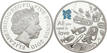 Великобритания 5 фунтов 2010 Елизавета II (1952-2022), XXX летние Олимпийские Игры в Лондоне в 2012, британская музыка KM 1149, Spink LO53 серебро PROOF 02-115-13