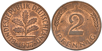 ФРГ 2 пфеннига 1977 F J.381a, KM 106a сталь плакированная медью    4598-834