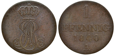Ганновер 1 пфенниг 1840 A, Эрнст Август (1837-1851) KM 173.1, AKS 126, J. 54 медь 72-1037