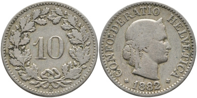 Швейцария 10 раппенов 1882 KM 27 медно-никель 4392-1254