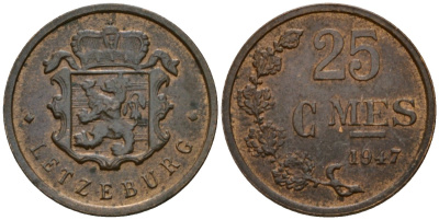 Люксембург 25 сантимов 1947 Шарлотта (1918-1964) KM 45 бронза 4532-749