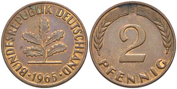 ФРГ 2 ПФЕННИГА 1965 G KM 106, J. 381 бронза 116-323