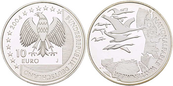 ФРГ 10 евро 2004 J, Национальный парк, Ваттовое море (Wattenmeer) KM 232, DE.S 10.15 серебро PROOF 1085-5-55