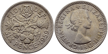 Великобритания 6 пенсов 1959 Елизавета II (1952-2022) KM 903, Spink 4149 медно-никель 75-1034