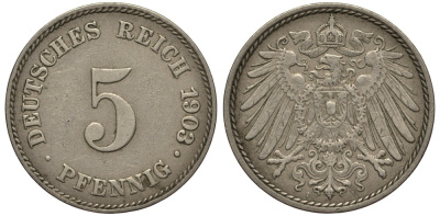 ГЕРМАНИЯ 5 ПФЕННИГОВ 1903 J, KM 11, J. 12 медно-никель 413-5413