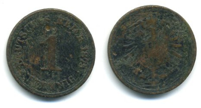 ГЕРМАНИЯ 1 ПФЕННИГ 1875 А, СТАРОГЕРБОВКА KM 1, J. 1 медь 29-243