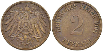 ГЕРМАНИЯ 2 ПФЕННИГА 1904 G KM 16, J. 11, Weege 4 медь 206-461