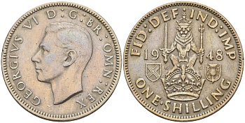 Великобритания 1 шиллинг 1948 Георг VI (1936-1952), Шотландский герб KM 864, Spink 4104 медно-никель 4153-846