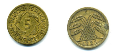 ГЕРМАНИЯ 5 РЕЙХСПФЕННИГОВ 1925 E, KM 39, J. 316 алюминиевая бронза 46-2322