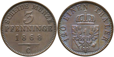 ПРУССИЯ 3 ПФЕННИГА 1868 С, ВИЛЬГЕЛЬМ I (1861-1888) KM 482 медь 4448-1133