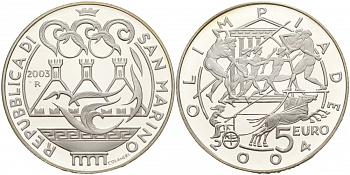 Сан-Марино 5 евро 2003 R,  Летние Олимпийские игры 2004 в Афинах KM 453 серебро PROOF 1087-9-32