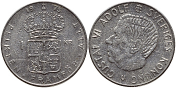 Швеция 1 крона 1973 Густав VI Адольф (1950-1973) KM 826а медь плакированная медно-никелем 4395-243