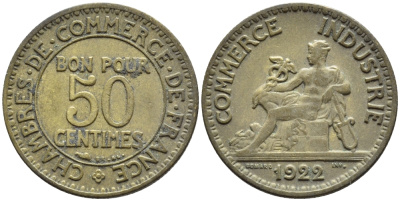 Франция 50 сантимов 1922 тип Chambre de Commerce KM 884, Le Franc 191.5 алюминиевая бронза 4392-621