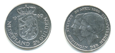 Нидерланды 2 1/2 гульдена 1980 коронация Беатрикс, 30 апреля 1980 KM 201 никель 84-1223